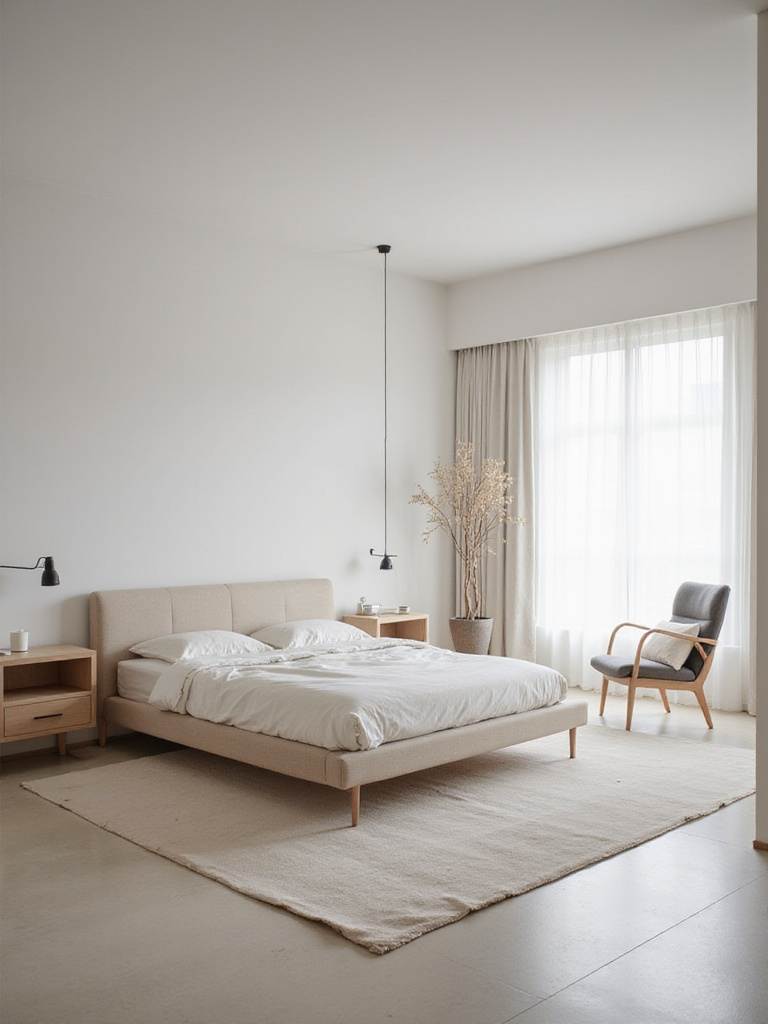 A serene modern minimalist bedroom with a neutral color palette and clean lines.