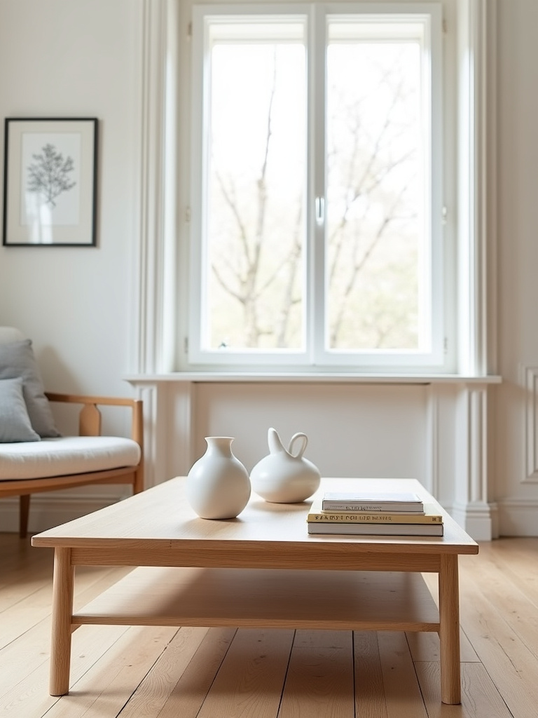 Minimalist living room with a light oak rectangular coffee table, white vase, and books, showcasing Scandinavian design.