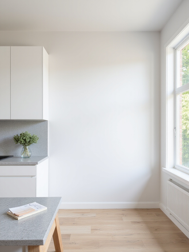Modern kitchen with white cabinets, wood floor, and quartz counter under natural light, featuring a small fan of color swatches on the counter, symbolizing an assessment of existing kitchen style for future wall decor.