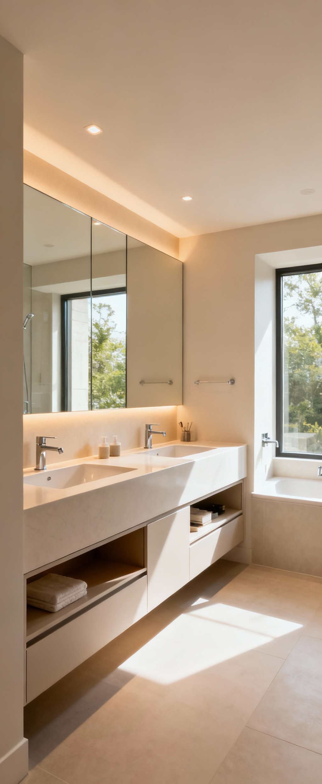 Elegant bathroom prioritizing functionality with ample storage, clean lines, and high-quality fixtures, promoting a timeless design.
