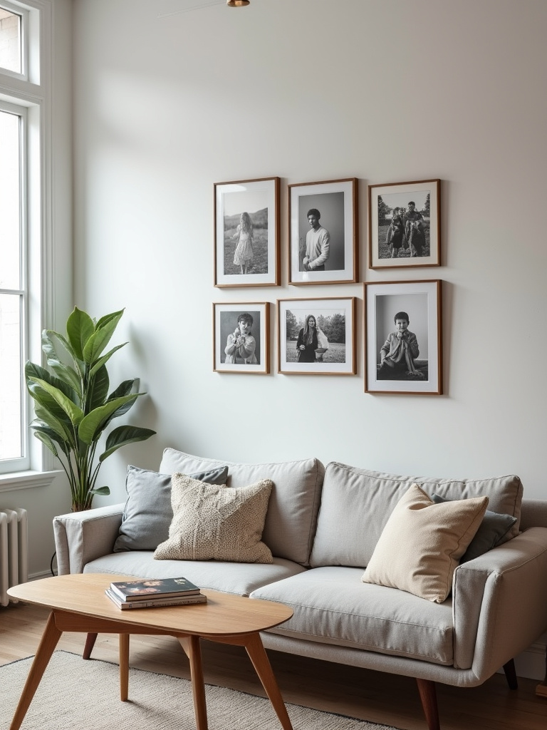 A living room with a gallery wall of black and white family photos above a mid-century modern sofa, bathed in natural light.