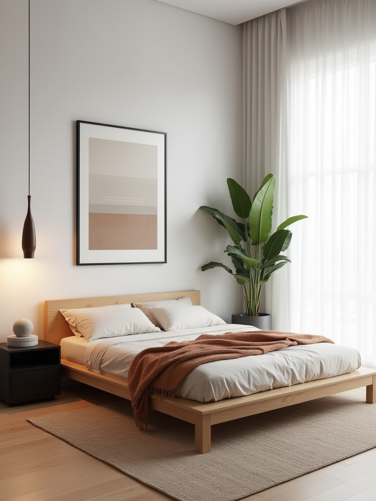 Minimalist modern bedroom with light oak platform bed, neutral linens, textured rug, matte black accents and warm pendant light, illustrating a cohesive modern aesthetic