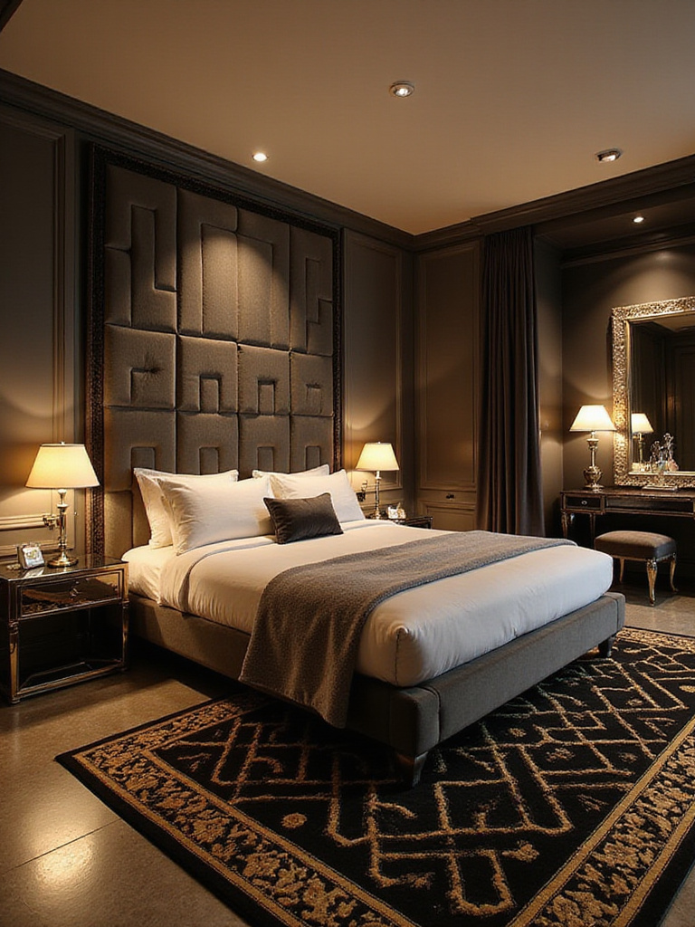 Art Deco bedroom interior with geometric patterns, velvet headboard, and gold accents.