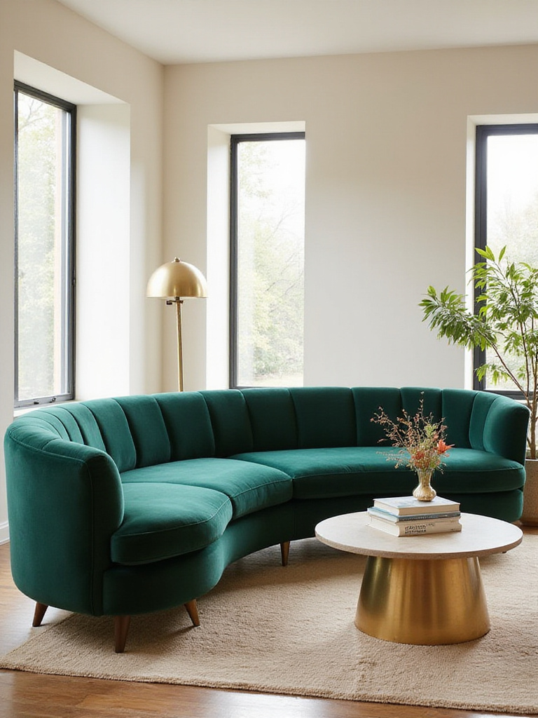 Emerald green velvet statement sofa in a modern living room