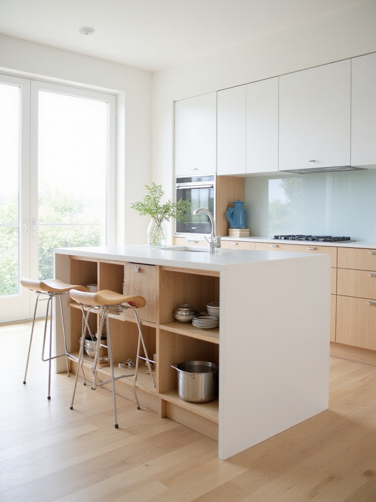 Minimalist kitchen with multi-functional island featuring storage and seating.