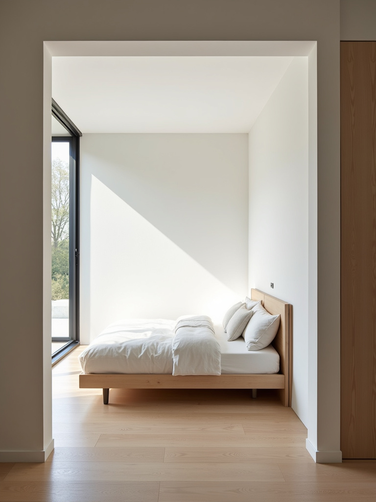 Minimalist bedroom showcasing strategic bed placement centered on a wall opposite the doorway, creating optimal flow and spaciousness.