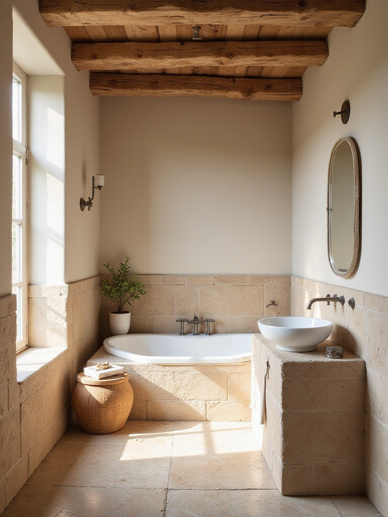 Rustic bathroom interior with warm neutral color palette featuring beige and taupe walls, natural wood accents, and stone elements