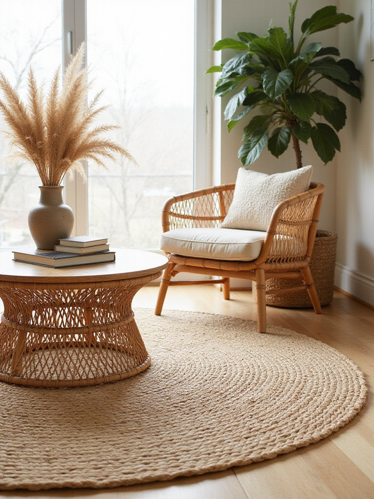 Bohemian living room featuring a large jute rug, rattan accent chair, and rattan coffee table, showcasing natural textures for a relaxed vibe.
