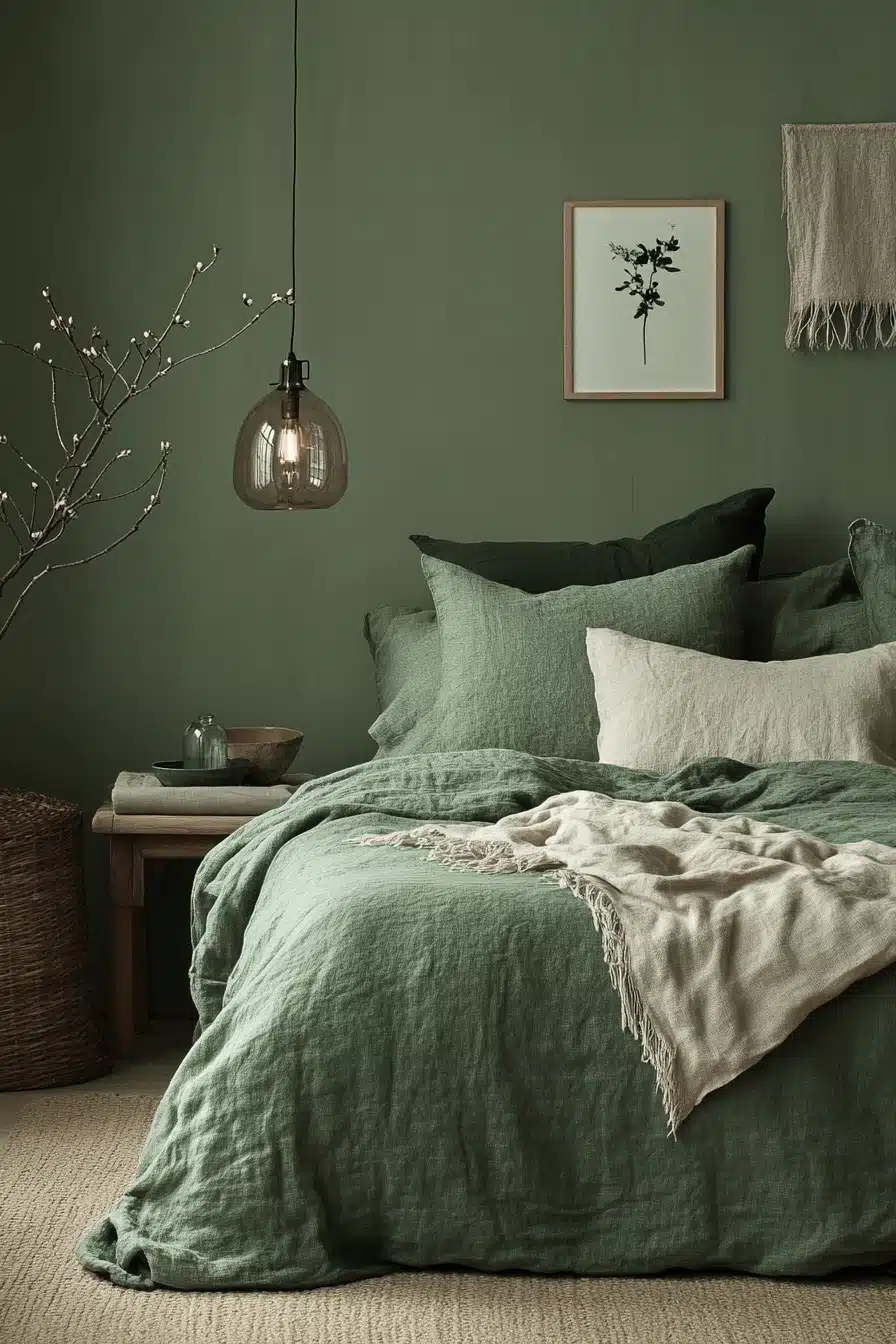 moody green bedroom