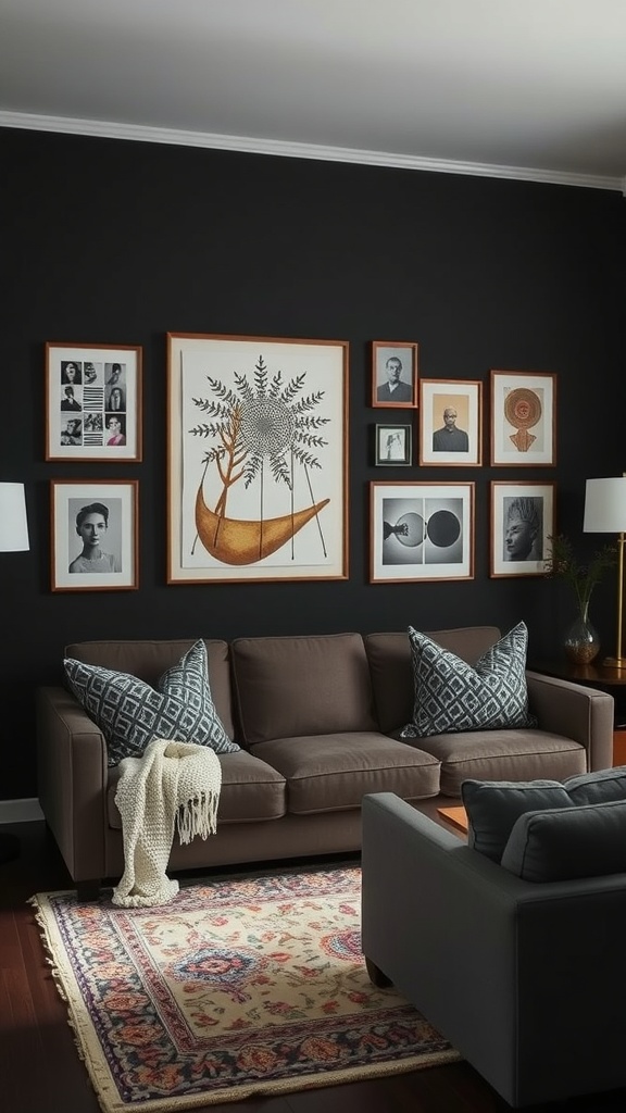 striking wall art in dark boho living room