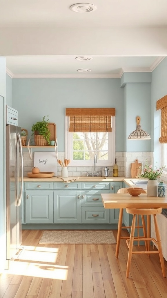 Soft blue painted kitchen walls