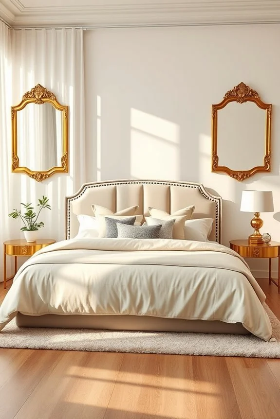 stylish gold framed mirror in bedroom