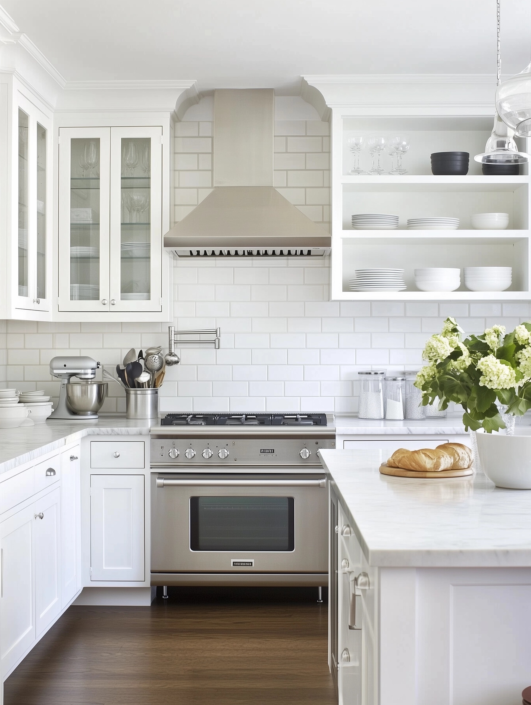 Classic white kitchen with marble backsplash and stainless steel appliances