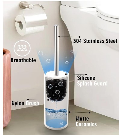 White Ceramic Toilet Brush and Holder Set, Freestanding Toilet Bowl Cleaners Brush, Scrubber Brush for Toilet, Bathroom Accessories with Stainless Handle, Deep Cleaning