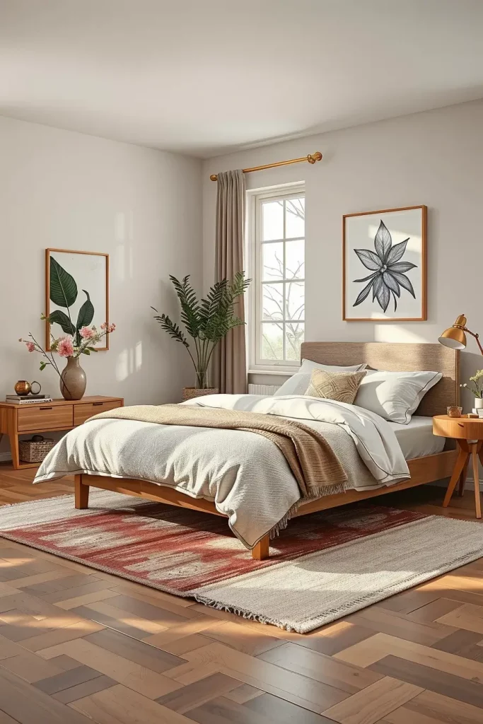 Cozy guest bedroom with layered lighting and natural textures