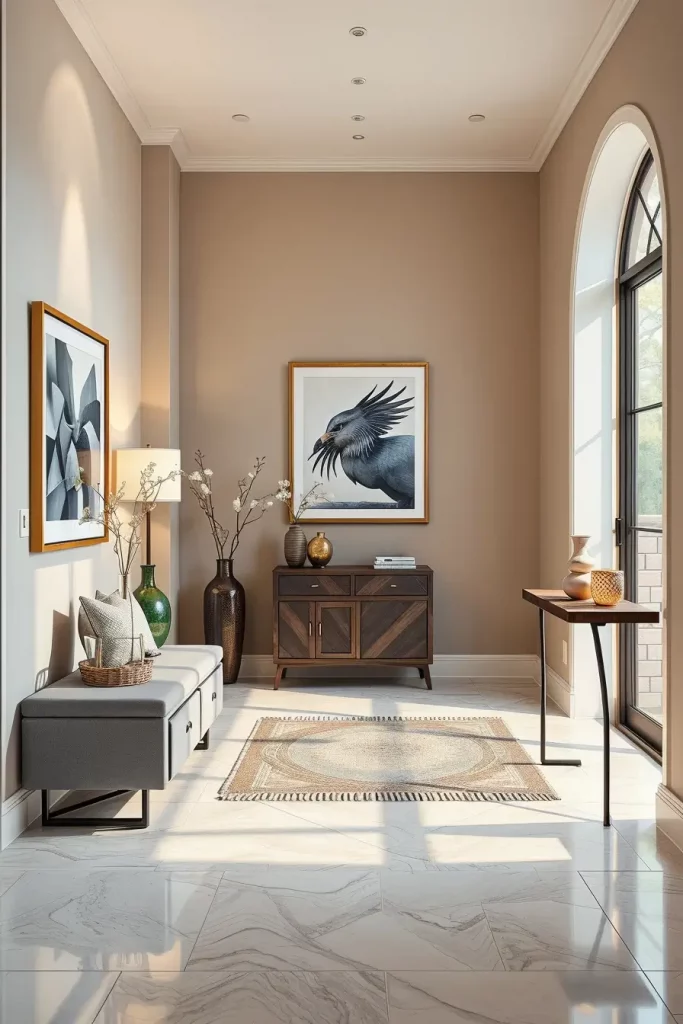 Modern entryway with sleek furniture and soft colors