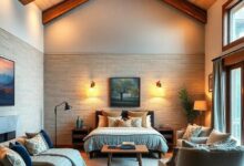 Cozy Mountain Lodge Bedroom: Embracing Wooden Beams and Warm Glow