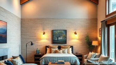 Cozy Mountain Lodge Bedroom: Embracing Wooden Beams and Warm Glow