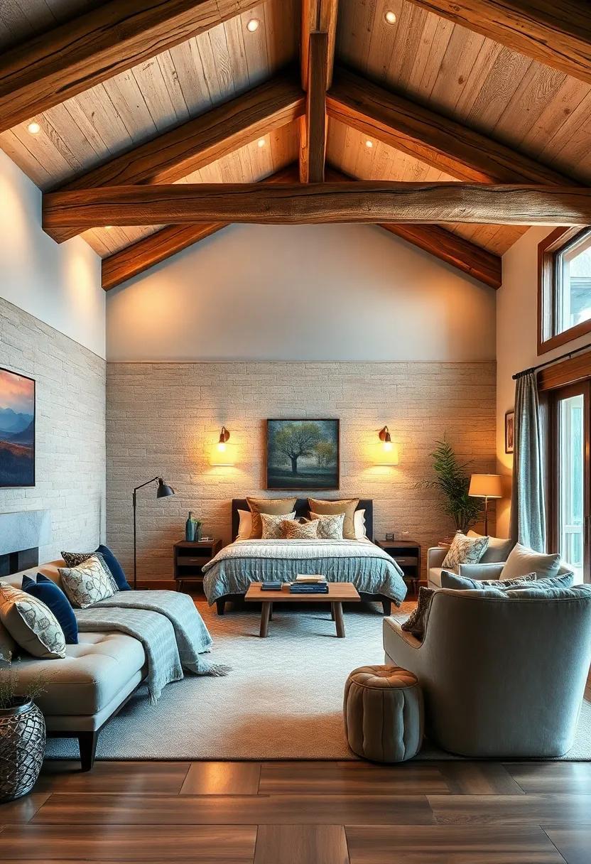 Cozy Mountain Lodge Bedroom: Embracing Wooden Beams and Warm Glow