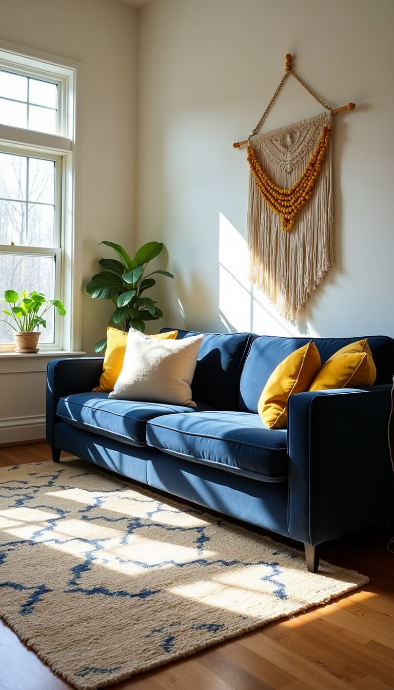 Bright living room featuring a cobalt blue velvet sofa, mustard yellow cushions, patterned jute rug, and bohemian macramé wall art, bathed in natural sunlight.