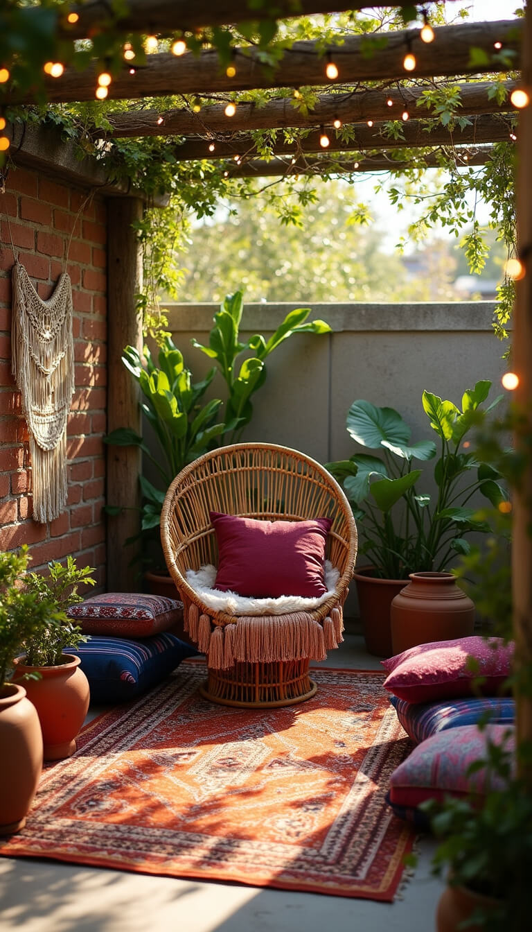Boho patio featuring rattan peacock chair, vintage rugs, terracotta pots, and string lights under a pergola at sunset.