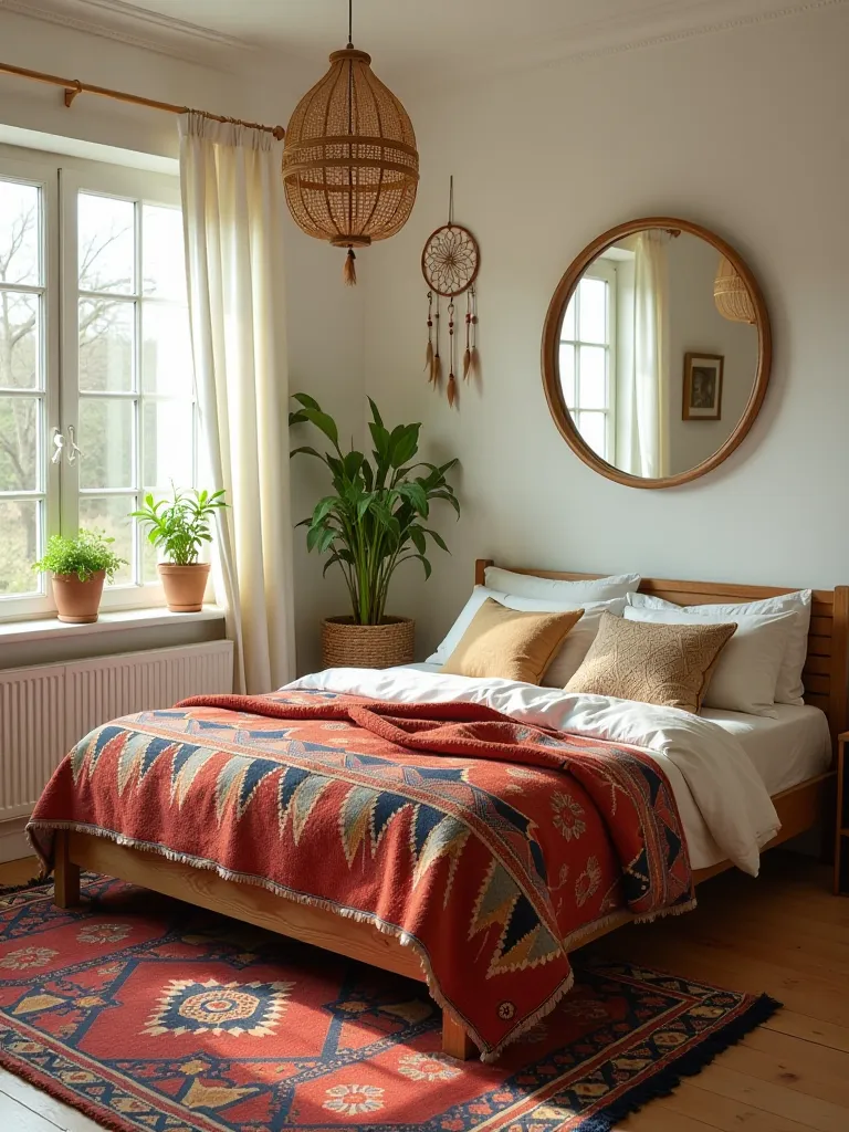 Airy boho bedroom with colorful bedspread and natural decor