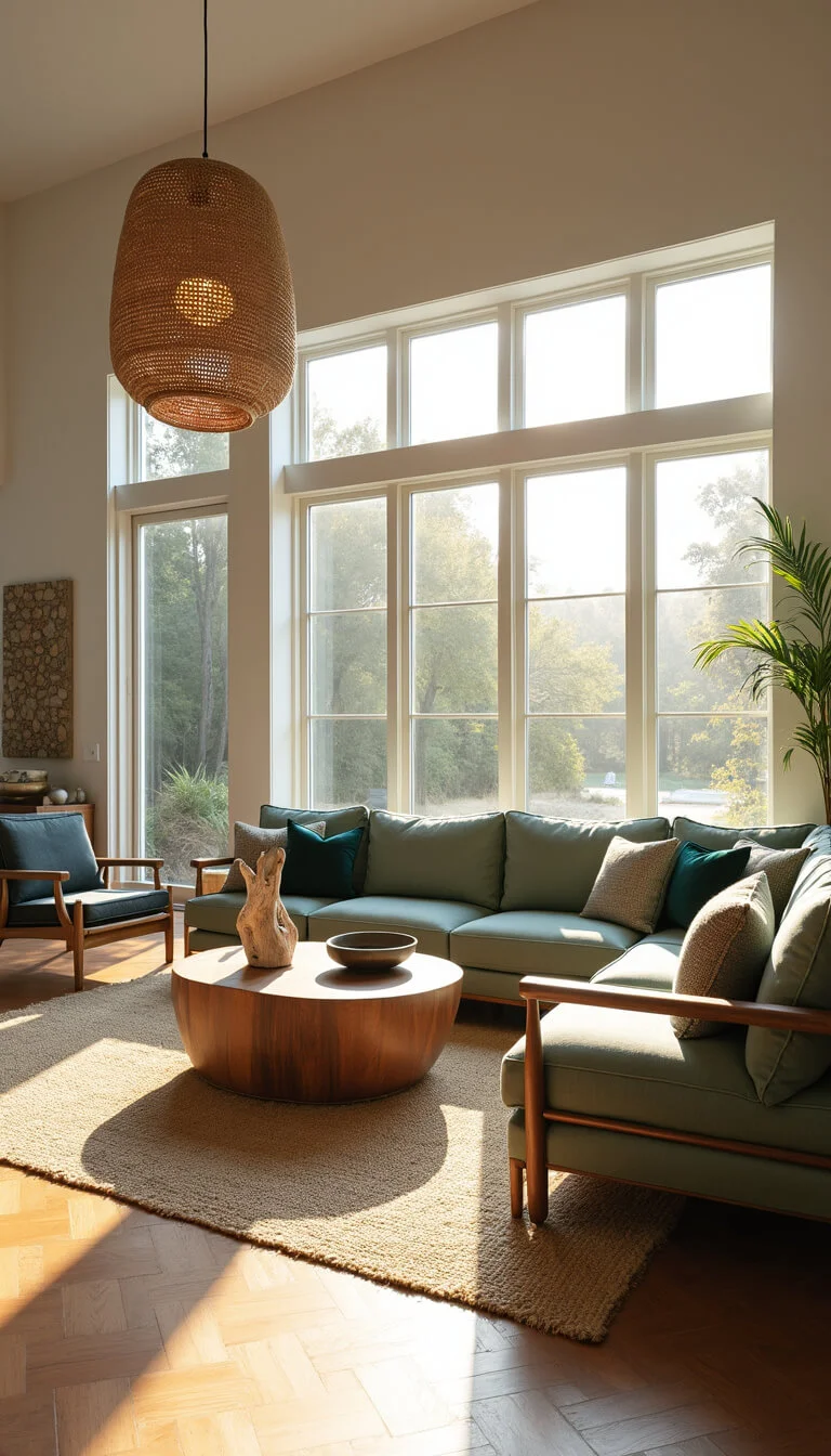 Bright coastal living room featuring sage linen sofa, teak armchair, herringbone oak flooring, and warm sunlight streaming through west-facing windows.