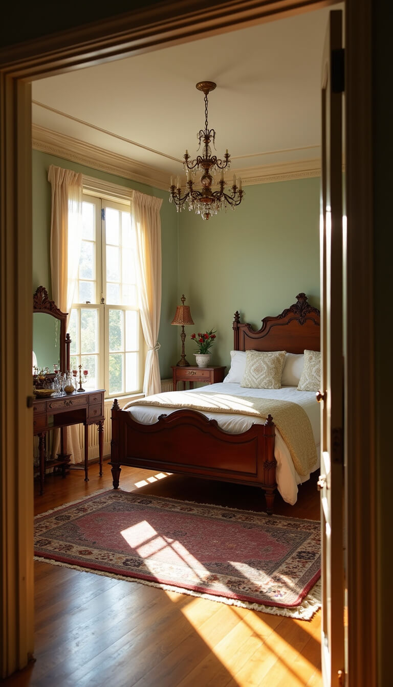 Elegant Victorian bedroom featuring a carved mahogany bed, vintage furnishings, warm sunlight, and classic decor.