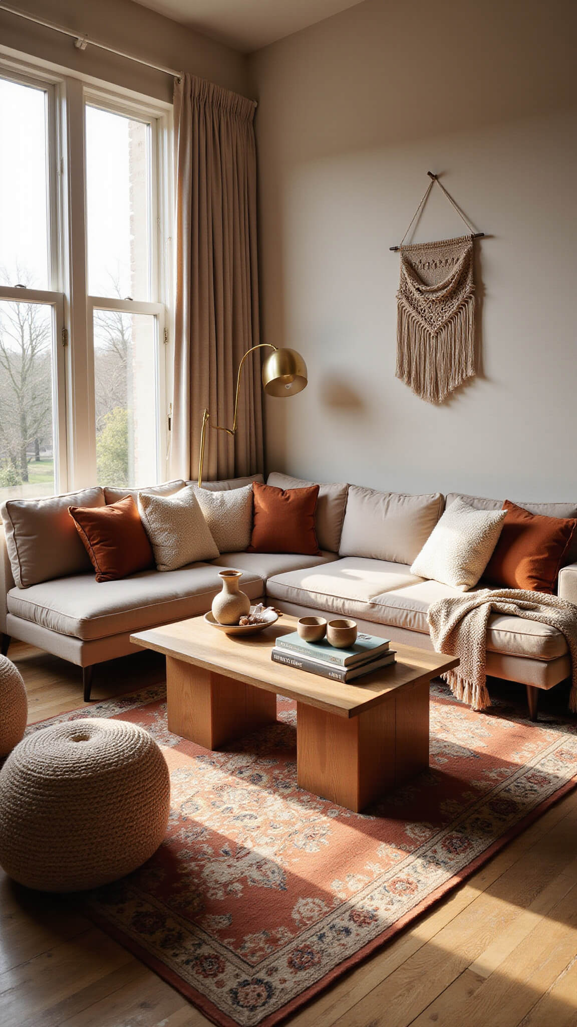 Sunlit living room with beige velvet sectional, terracotta accents, and natural light streaming through large windows
