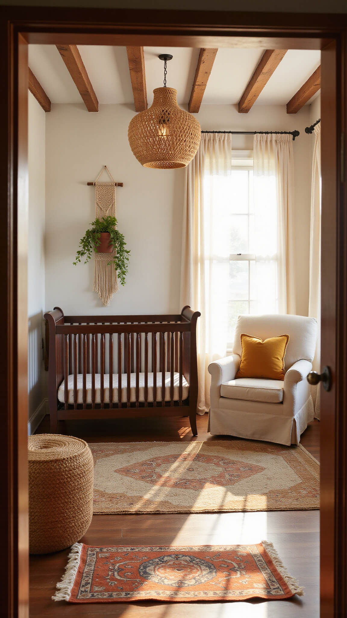 Boho nursery featuring a vintage wooden crib, rattan pendant light, layered rugs, and sunlight streaming through west-facing windows.