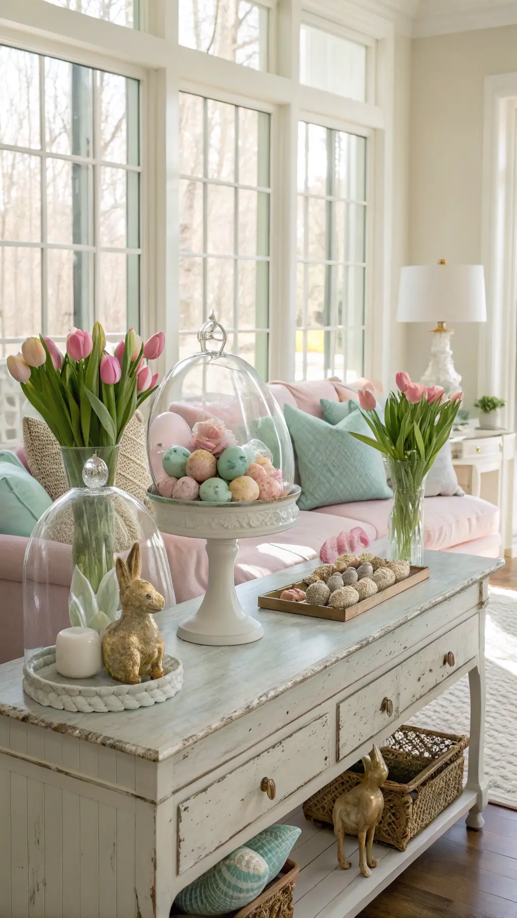 Sun-drenched living room decorated for spring with pastel eggs under glass cloches, soft pink cushions, mint green throws, golden bunny statues, and fresh tulips on a white console table.