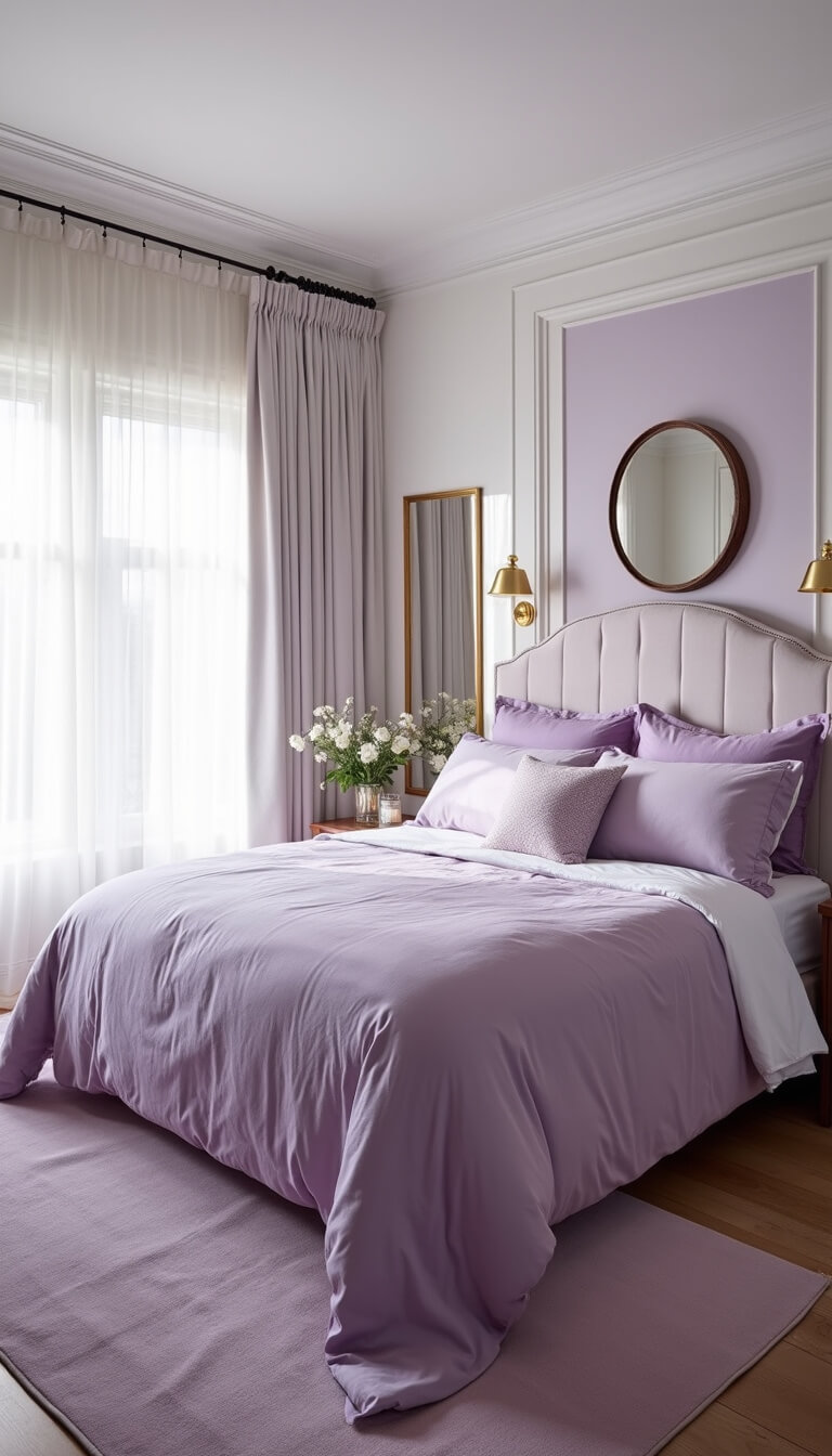 Spacious lavender-inspired bedroom featuring a plush velvet headboard, elegant crown molding, and soft natural light filtering through sheer curtains.
