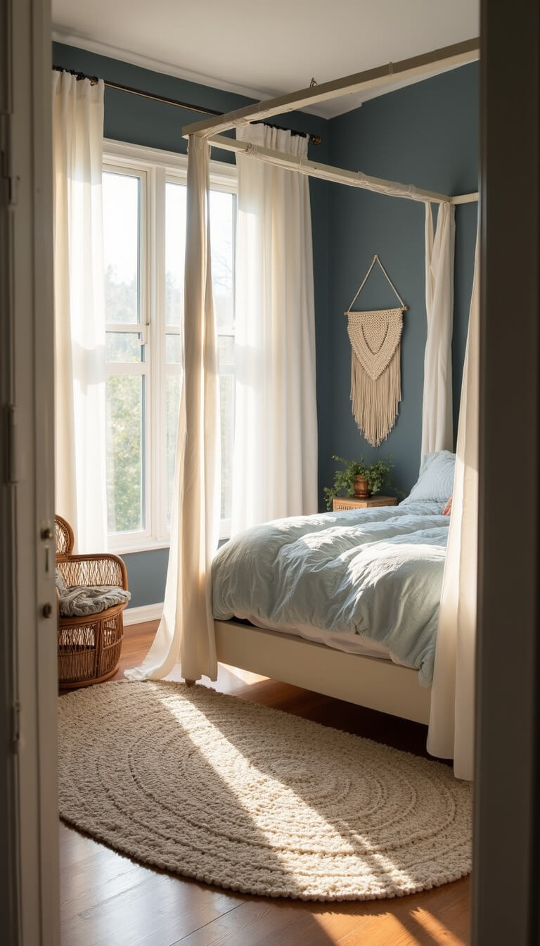 Bright girl's bedroom featuring a white canopy bed with powder blue and ivory bedding, rattan chair, macramé wall art, and a deep navy accent wall.