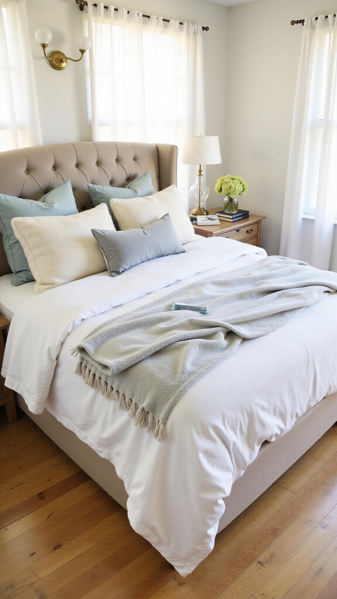 Bright guest bedroom with queen bed dressed in soft white and grey linens, pale blue and cream cushions, brass wall sconces, sheer curtains, oak nightstands with lamps, fresh hydrangeas, and a welcome card glowing in golden hour light.