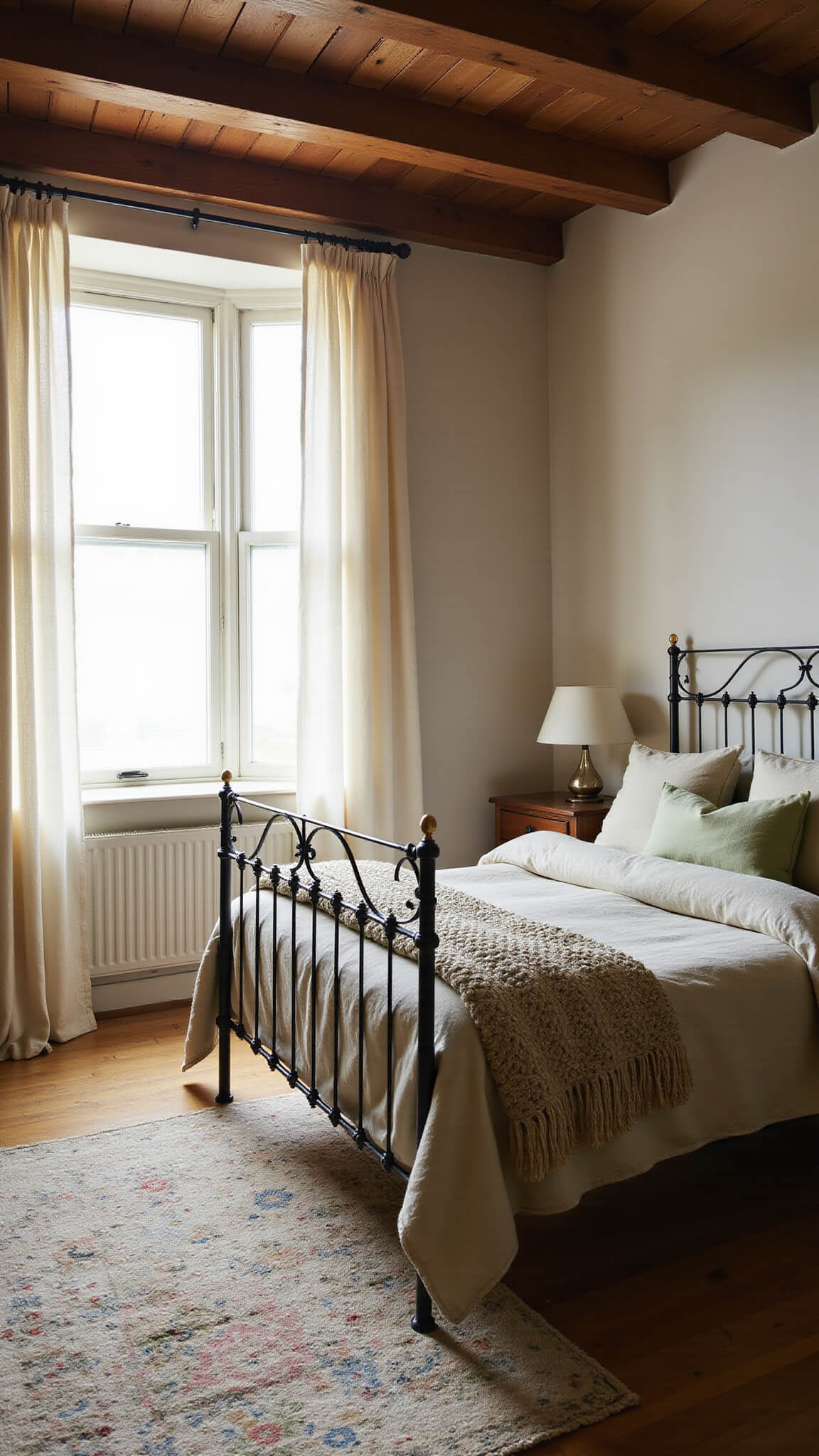 Sun-drenched bedroom featuring exposed wooden beams, a vintage iron bed, and layered cozy linens in earthy hues, bathed in soft morning light through sheer curtains.