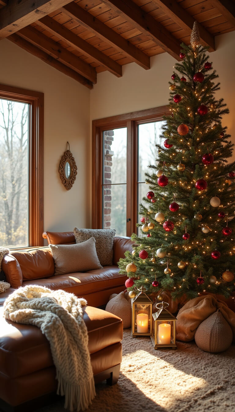 Golden hour light fills a spacious living room with a tall Fraser fir Christmas tree adorned in burgundy and gold ornaments, framed by rustic wooden beams, a leather sofa draped in cream throws, and glowing brass lanterns.