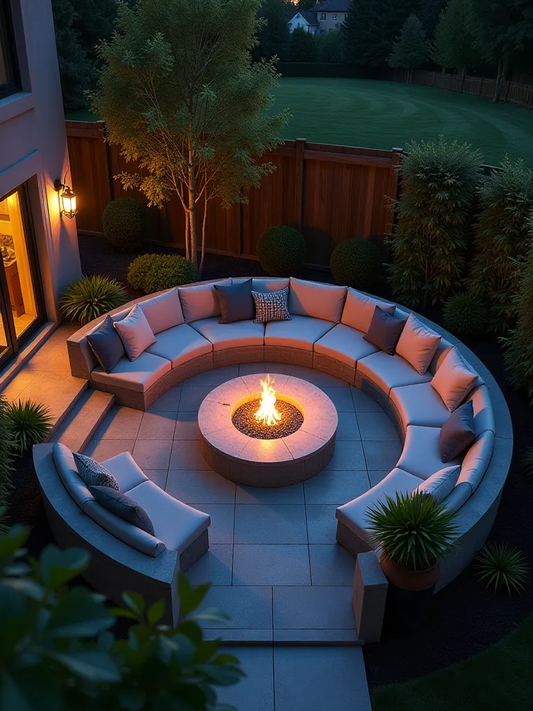 Aerial view of circular patio with fire pit and curved seating at twilight