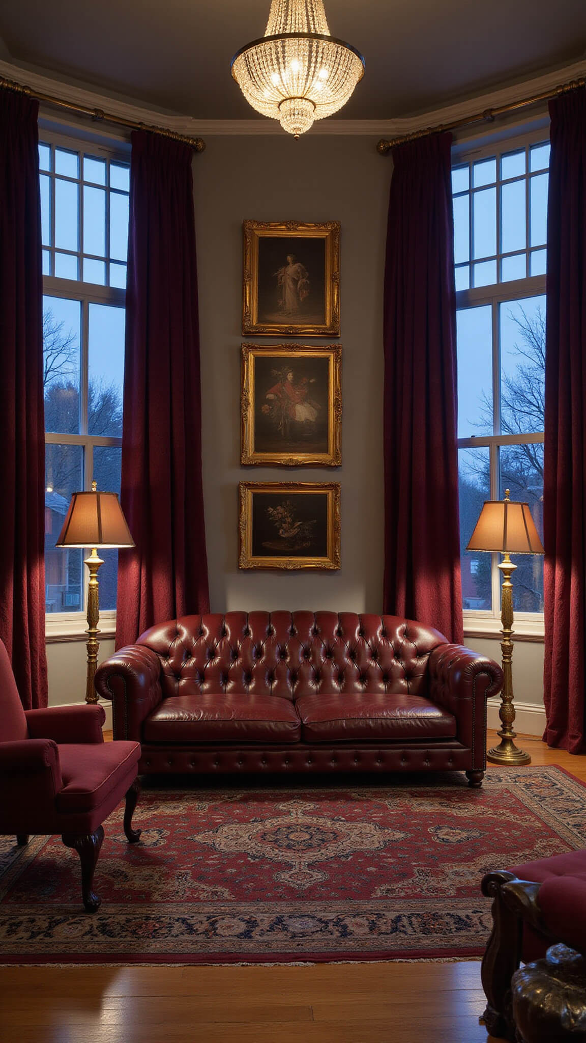 Victorian-style living room with rich burgundy drapes, leather Chesterfield sofa, Persian rug, and moody lighting