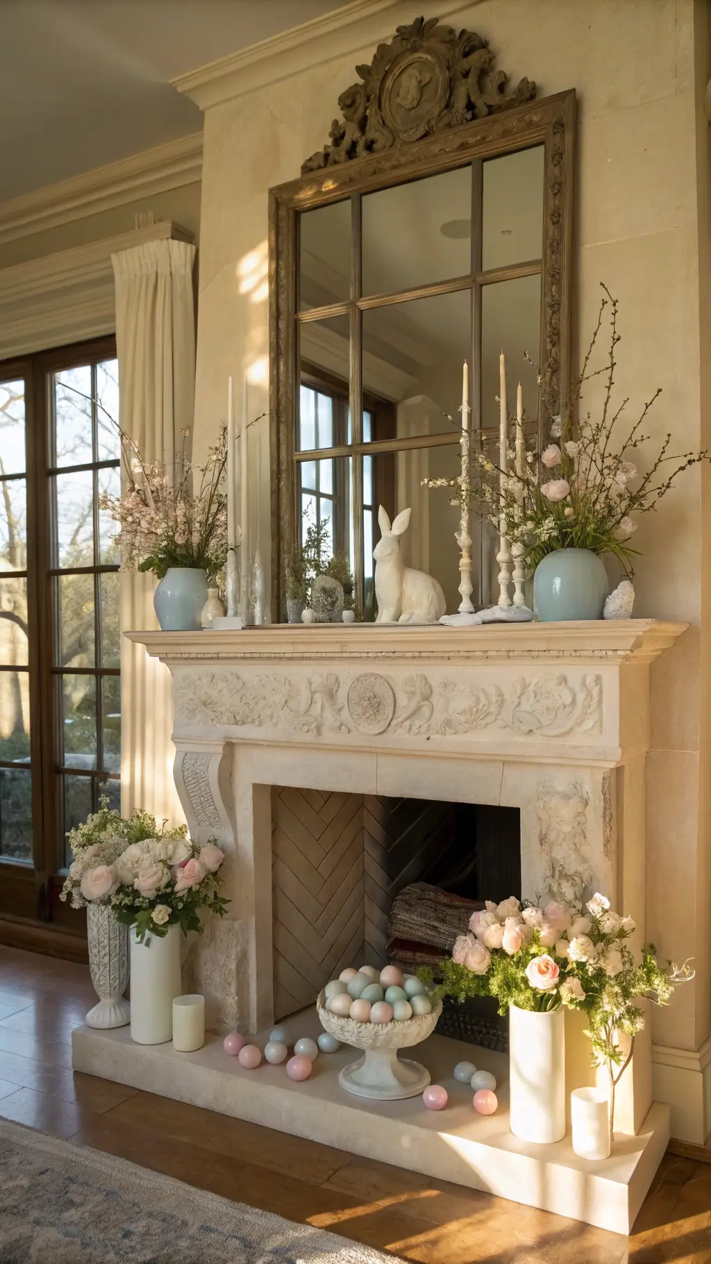 Chic Easter mantel featuring vintage milk glass vases, soft pink peonies, and ceramic bunny accents bathed in gentle morning light.