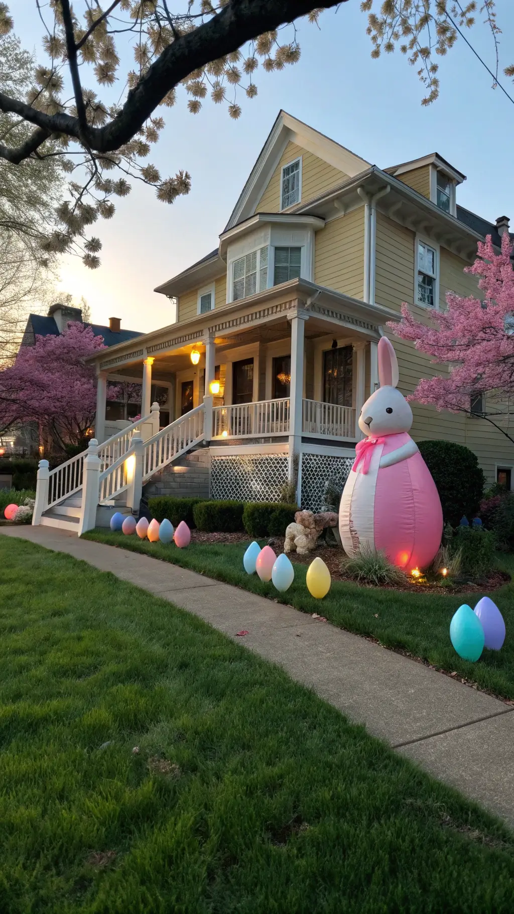 Charming Victorian home at sunset adorned with a giant inflatable Easter bunny, pastel-colored eggs scattered on the lawn, blooming tulips, pink dogwood trees, and cozy lighting.