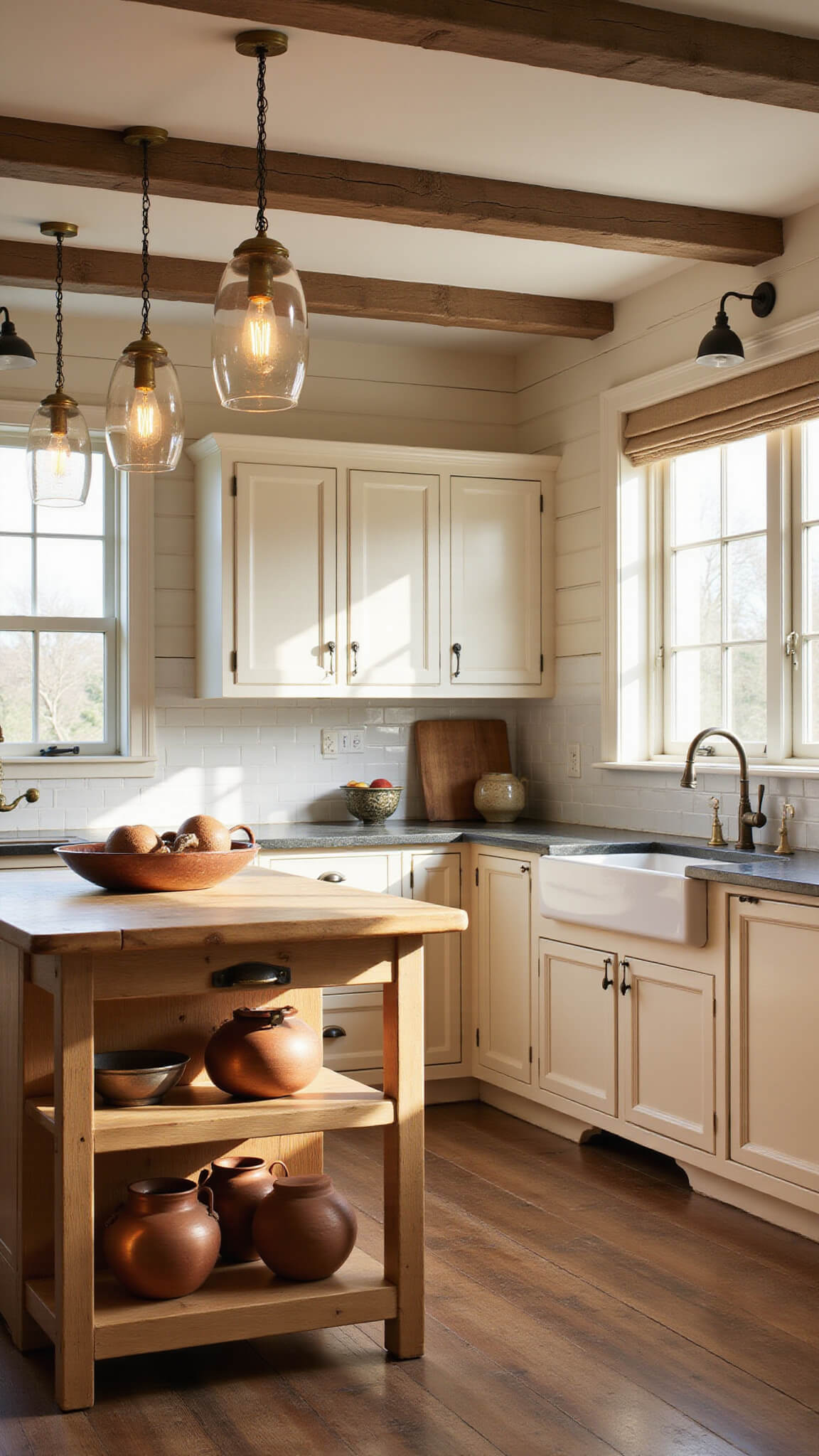 Rustic farmhouse kitchen featuring a white oak island illuminated by brass pendant lights, natural sunlight filtering through linen-shaded windows, and creamy shiplap walls.
