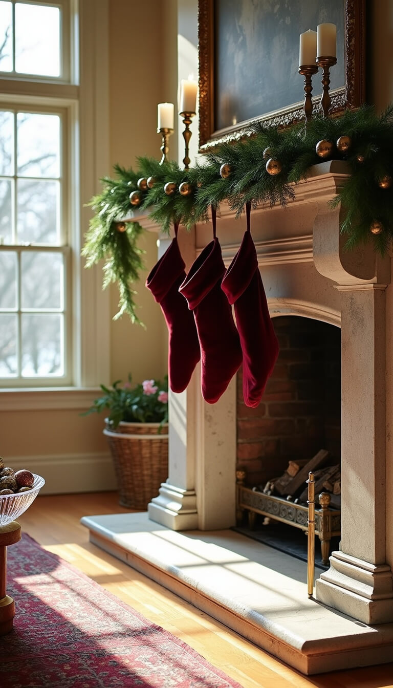 Bright living room with limestone fireplace decorated with pine garland, vintage ornaments, velvet stockings, brass candlesticks, and crystal bowl of antique baubles on oak flooring.