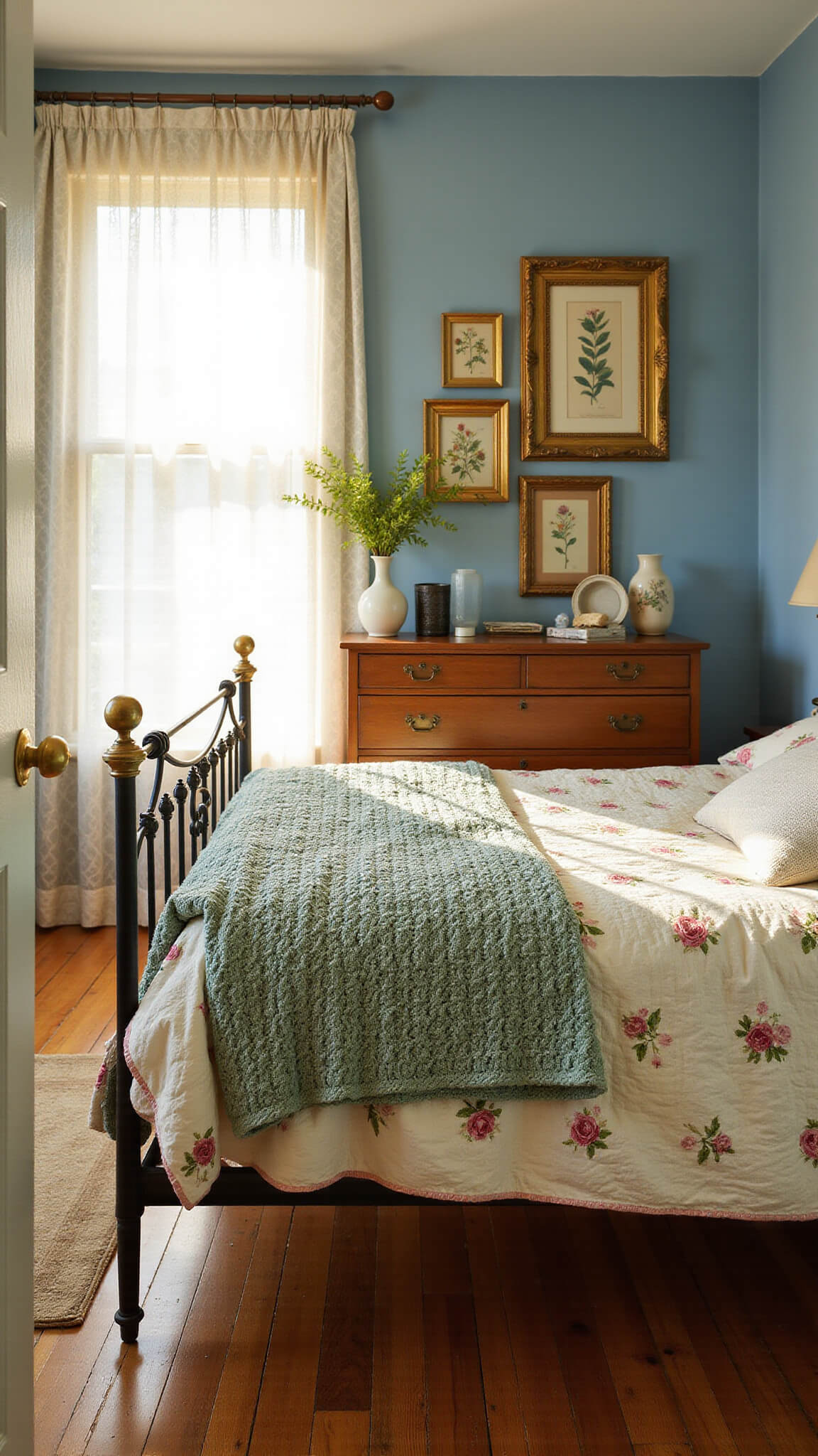 Sun-drenched vintage bedroom featuring a wrought-iron bed layered with quilts, oak dresser, lace curtains, and botanical prints during golden hour.