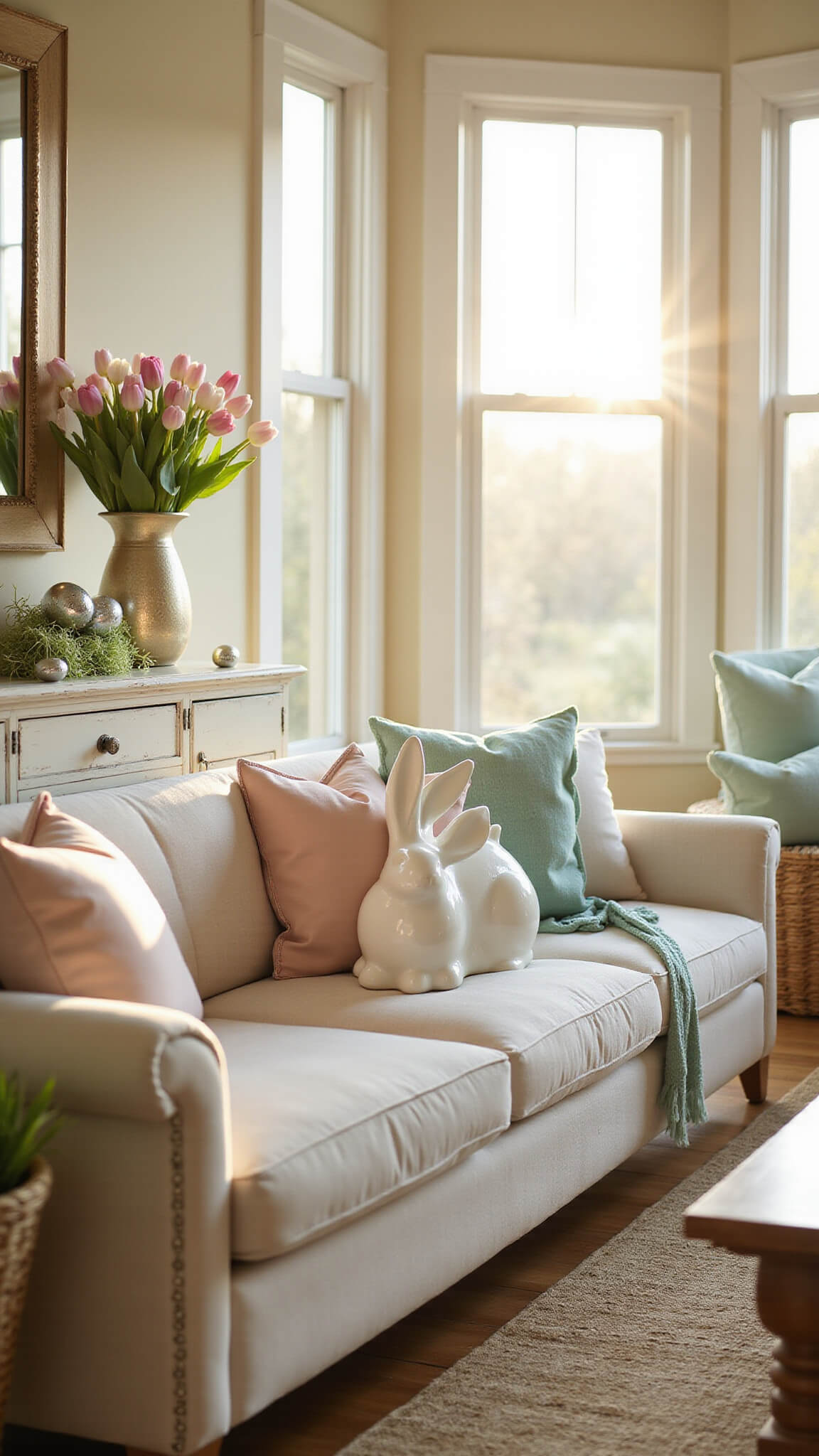 Sunlit living room with a cream sofa adorned with pastel cushions, large windows glowing with warm sunlight, white ceramic bunny on a console table with mercury glass eggs and tulips, woven baskets filled with faux grass and metallic eggs, soft bokeh background.