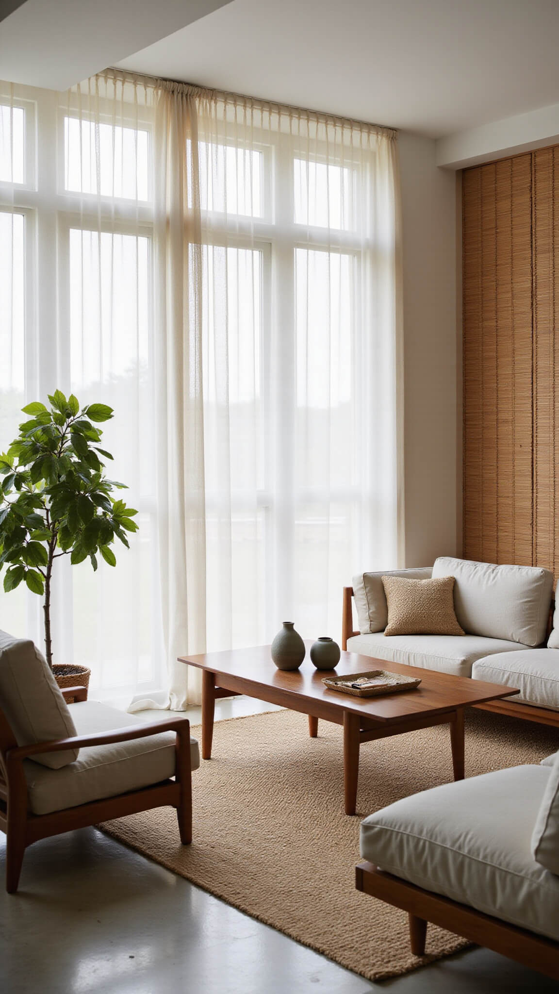 Japandi-inspired living room featuring expansive windows with sheer white curtains, walnut furnishings, concrete flooring, and natural accents in warm neutral hues.