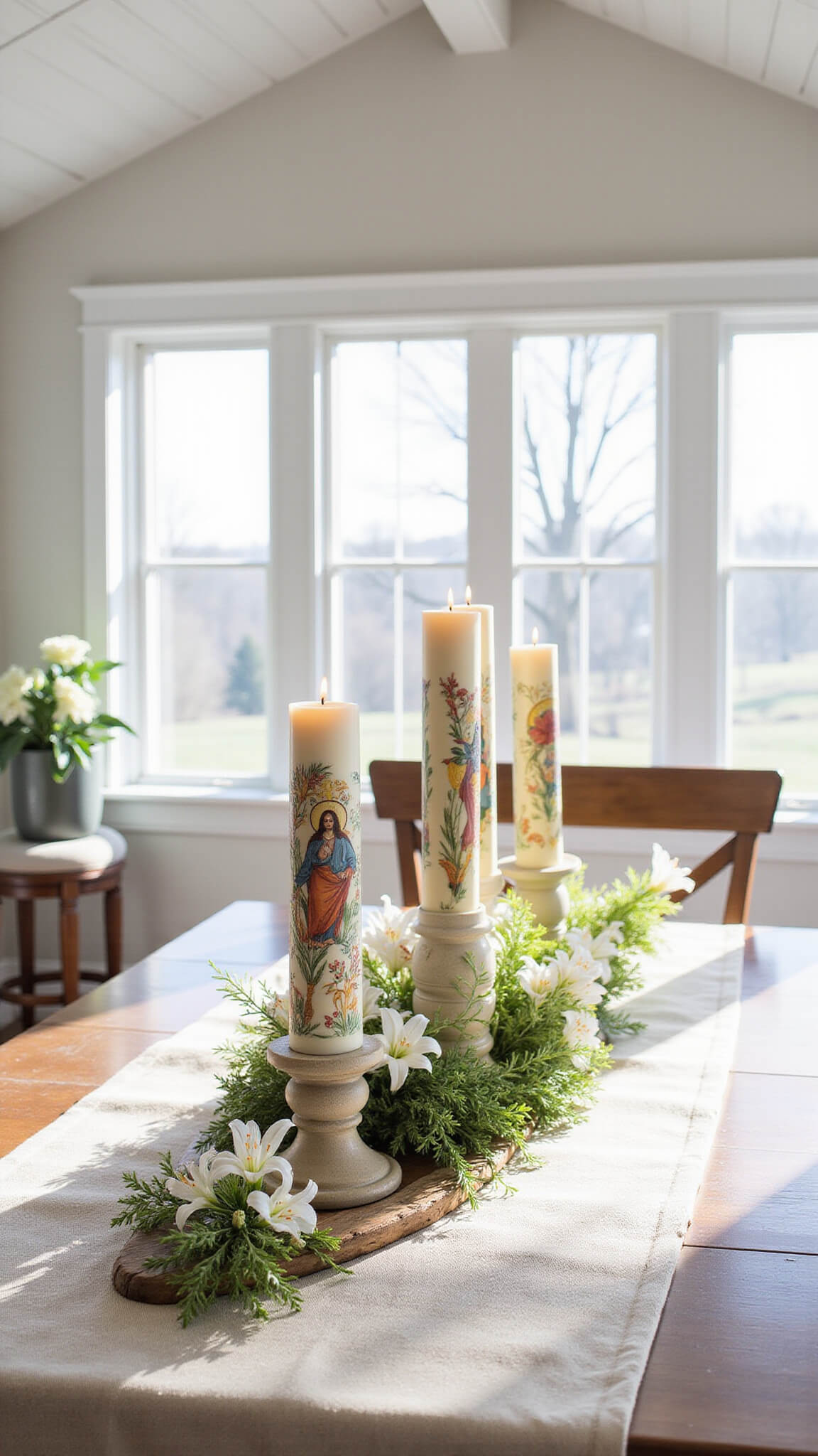 Rustic dining room with vaulted ceiling showcasing an Easter centerpiece of three intricately designed Greek Orthodox candles on a wooden table adorned with lilies and natural linen.