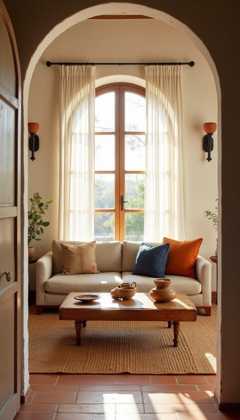 Bright Mediterranean living room featuring arched windows, beige linen sofa, terracotta flooring, and warm sunlight streaming through sheer curtains.