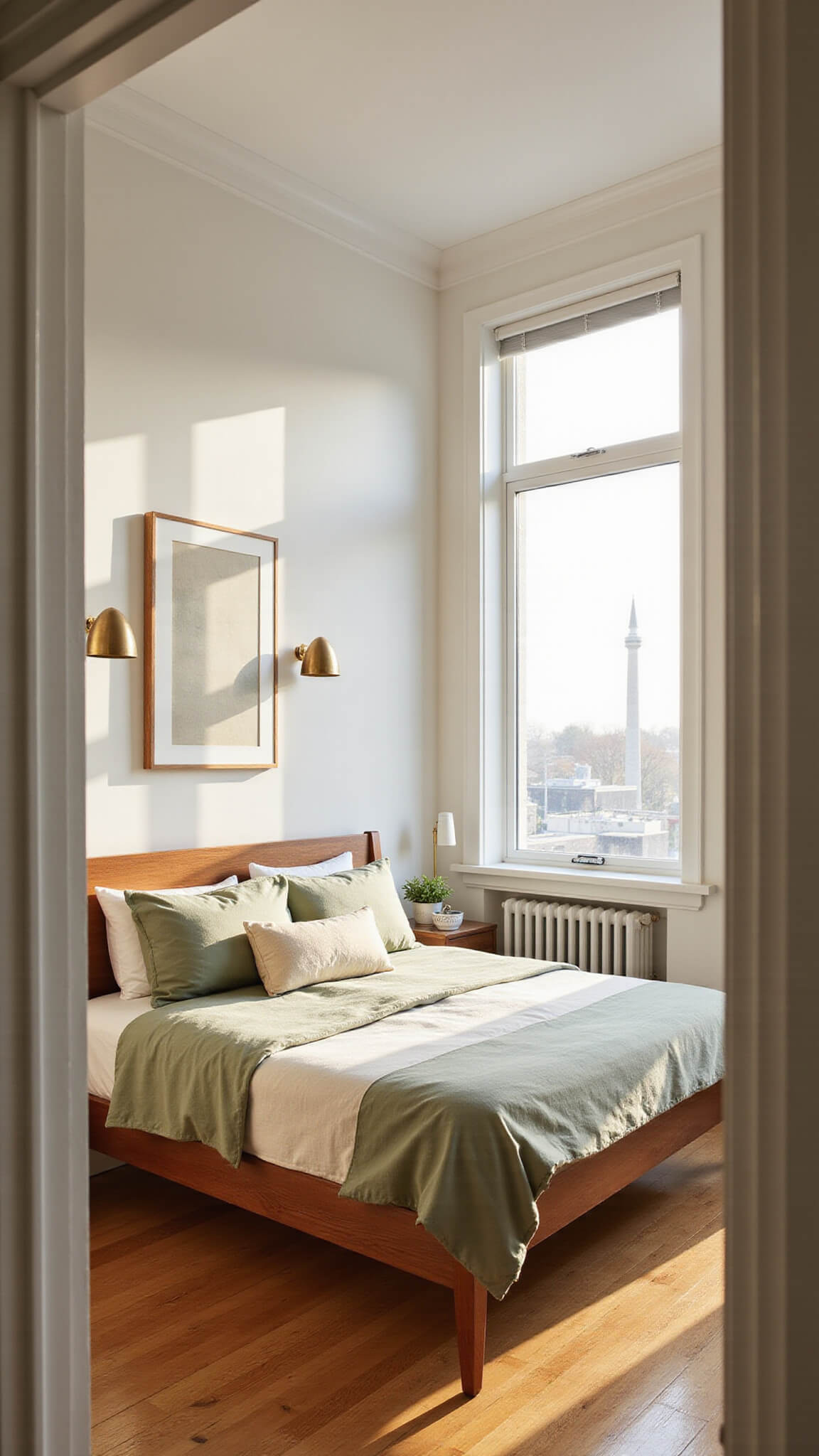 Mid-century modern walnut storage bed in a bright bedroom with natural light and wooden flooring