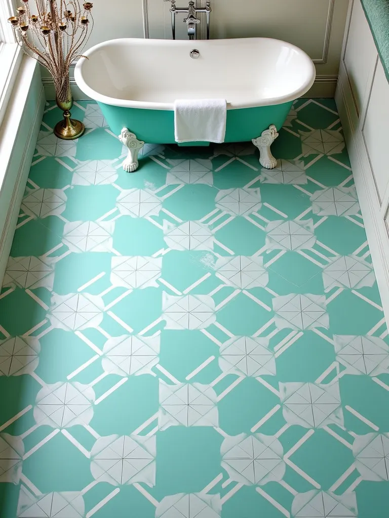 Bathroom with teal and white geometric floor, oval tub, and chandelier