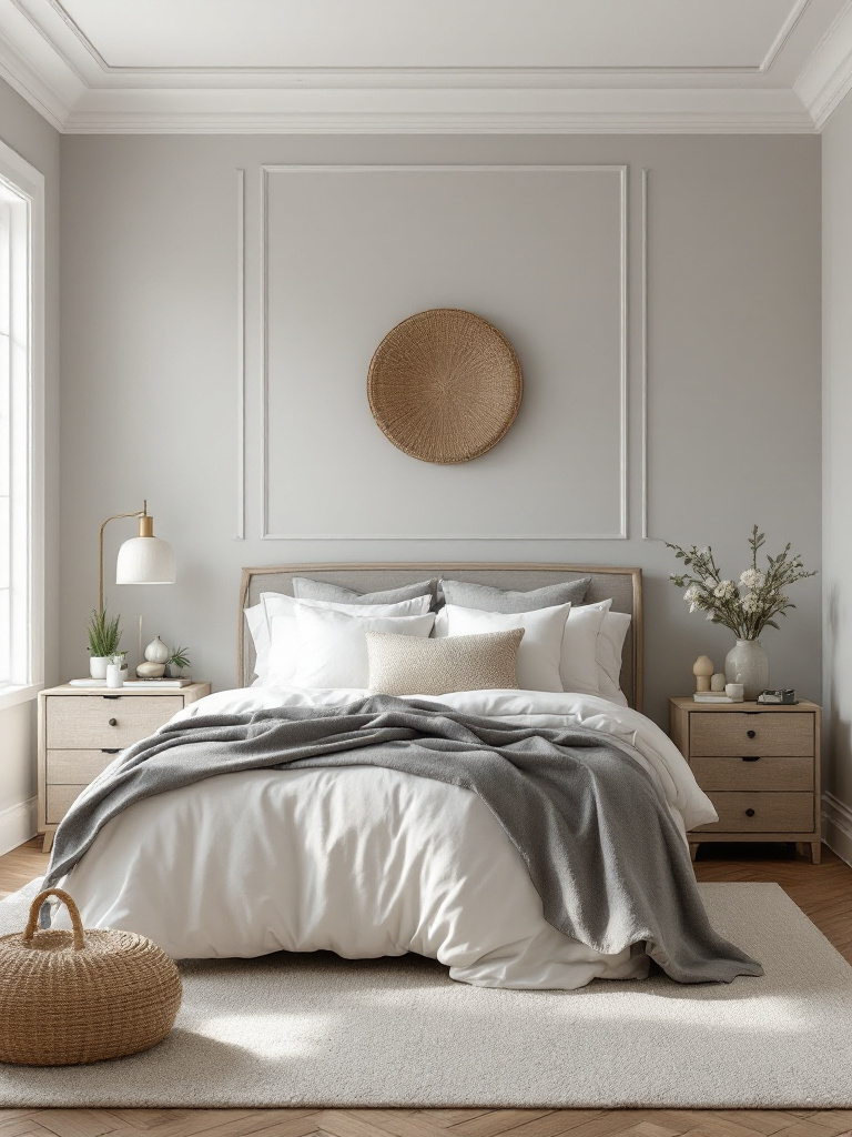 An elegant bedroom featuring light gray walls that provide a subtle yet stylish backdrop.